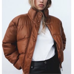 Zara Faux Leather Cropped Puffer Jacket